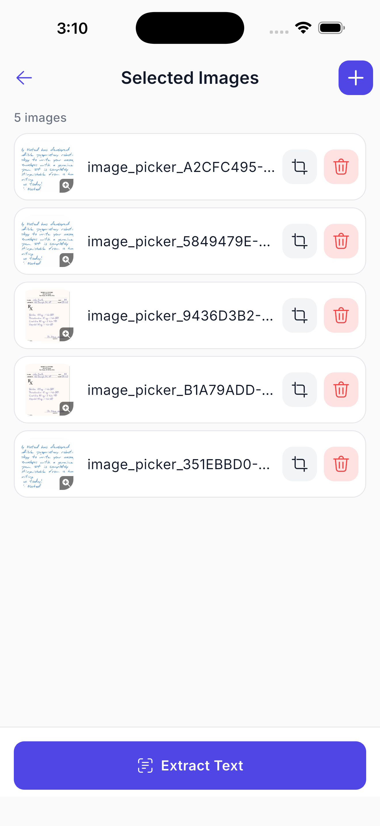 Selected images list with crop and delete controls