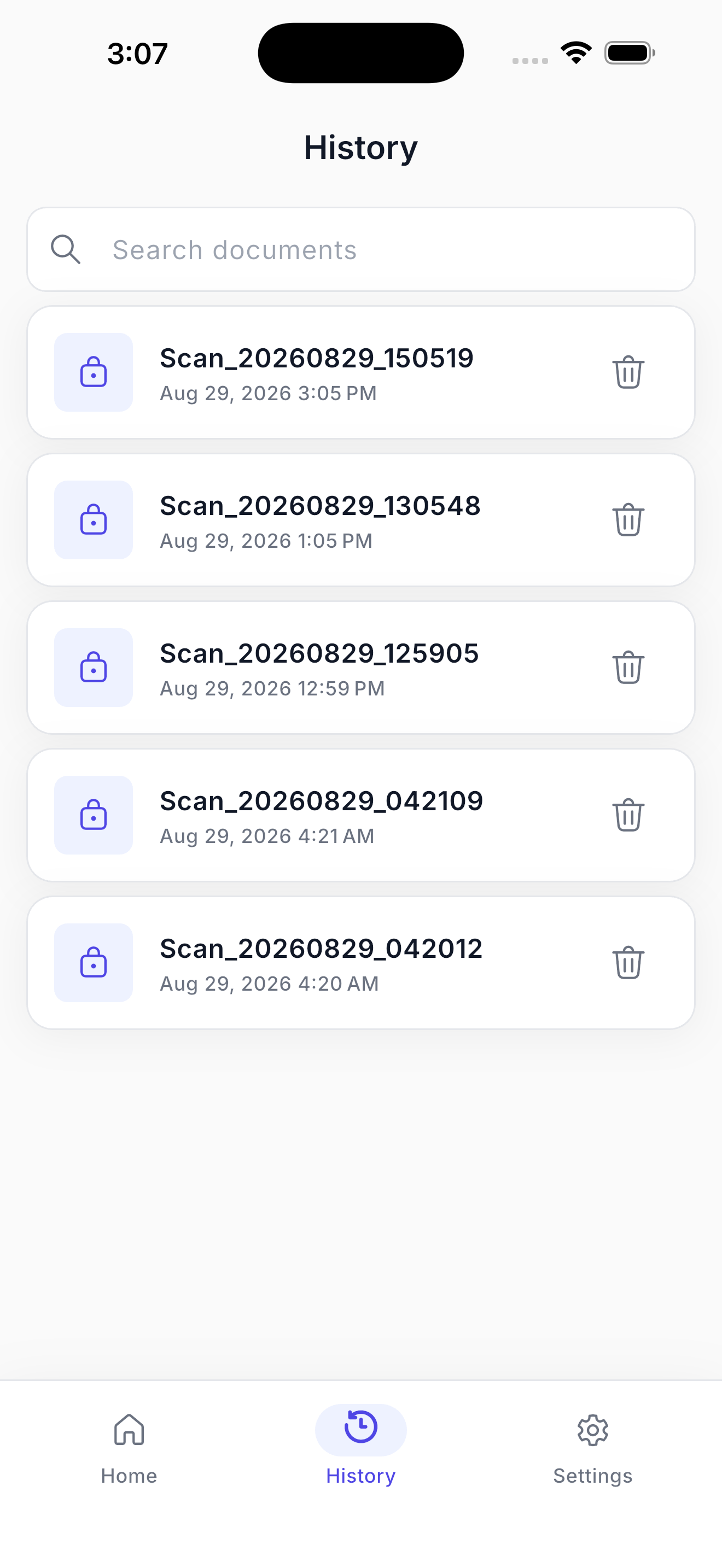 Searchable history of saved scans