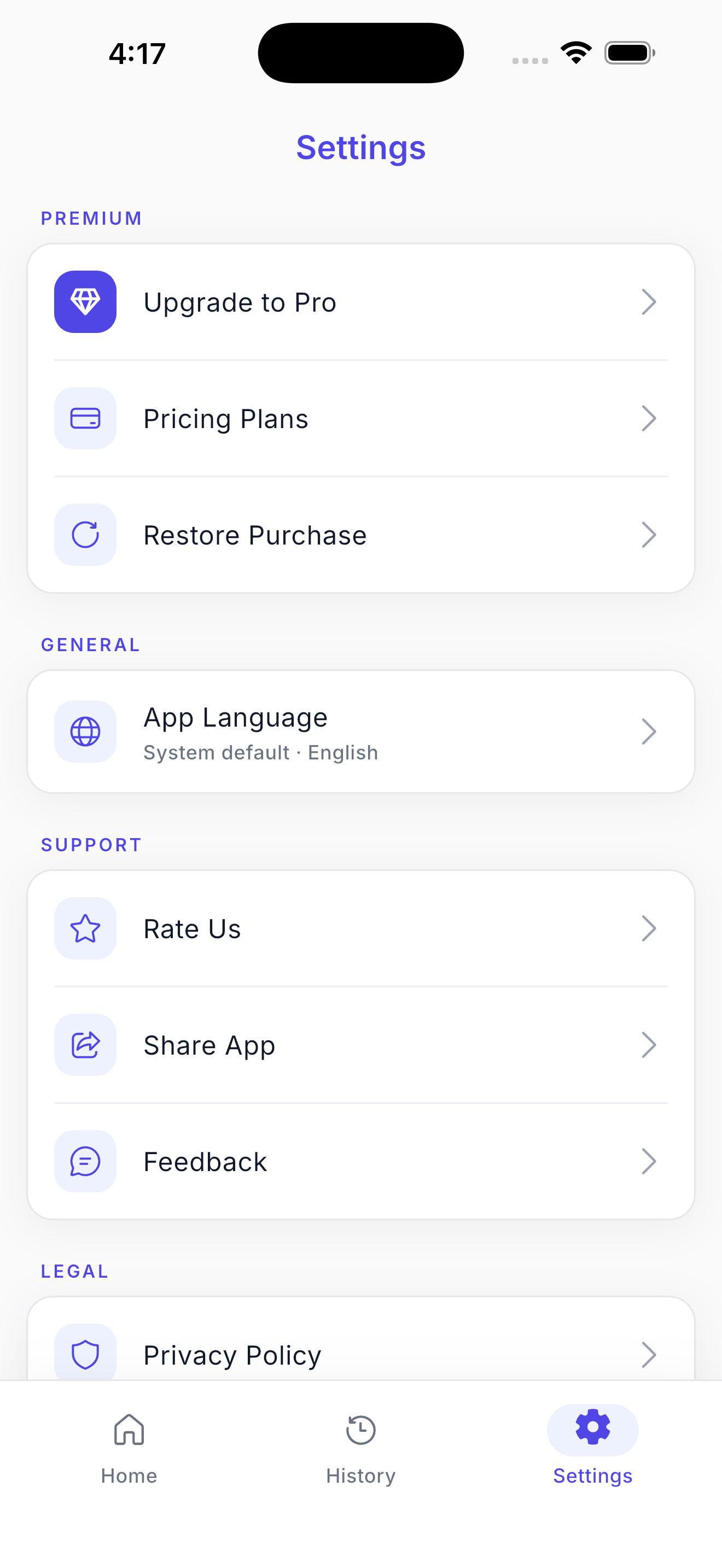 Settings screen with premium and legal sections